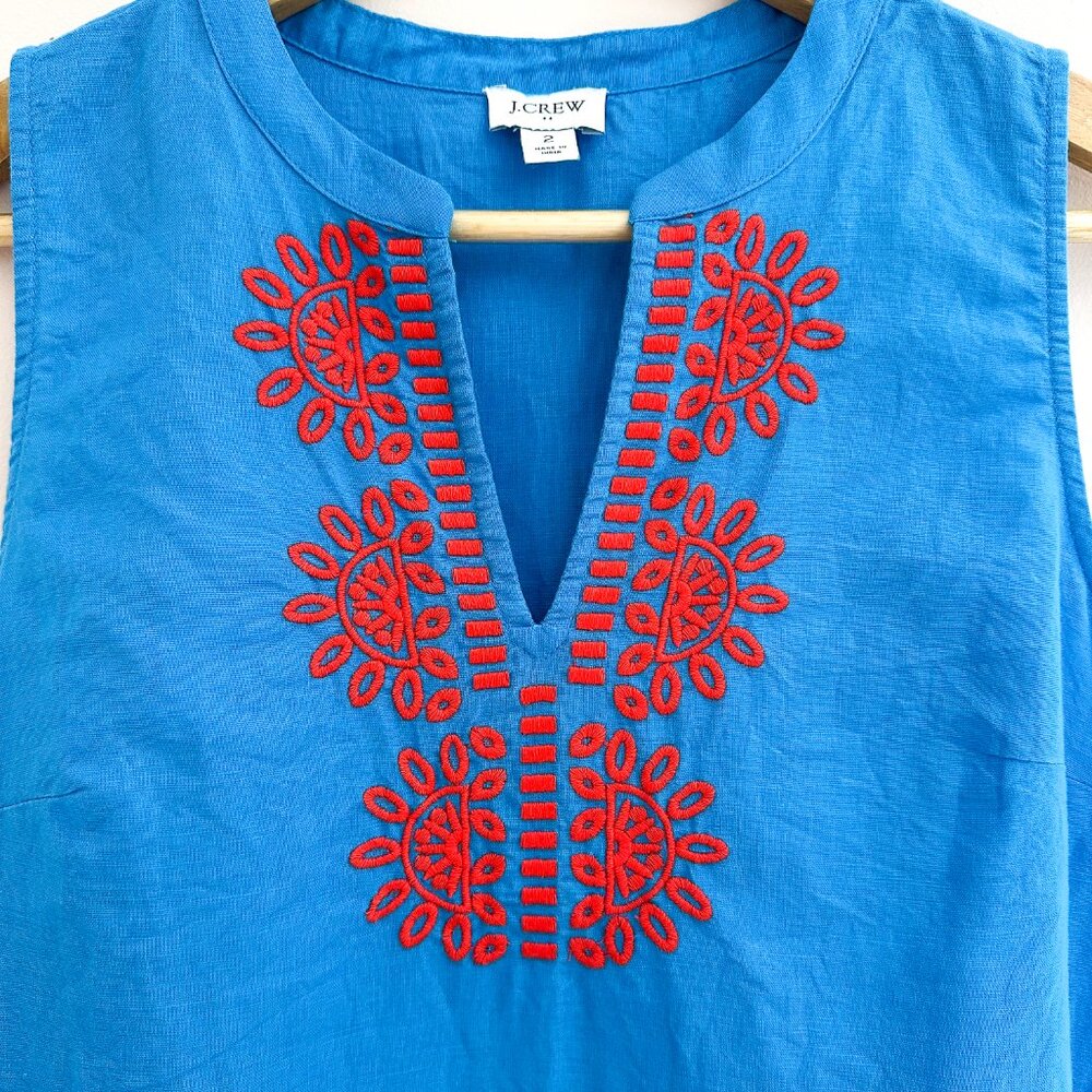 J Crew Linen Cotton Embroidered Tank Top Blue Size 2 Sleeveless Summer Blouse - Picture 3 of 5